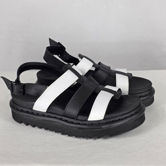 Dr Martens Size 8 Yelena Black White Leather Platform Chunky Strappy Sandals - Picture 3 of 11